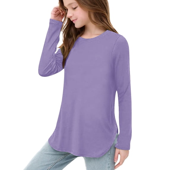 Mercatoo Girls Long Sleeve T-Shirts Cotton Crewneck Tees Soft Stretchy Solid Color Tops Kids Trendy Fall Simple Tees Clothes