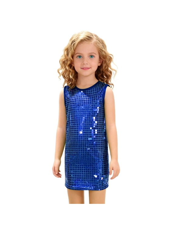 Girls Metallic Dresses Sleeveless Crewneck Sparkly Dress Sequin Shinny Cute 𝗠ini Dress P𝗮rty Dance 𝗦undress