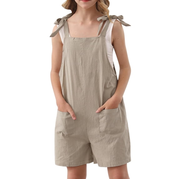 Mercatoo Girls Overalls Cotton Linen Shortalls Adjustable Tie-Up Strap Jumpsuits Wide Leg Rompers Loose Jumpsuits Cute Overalls