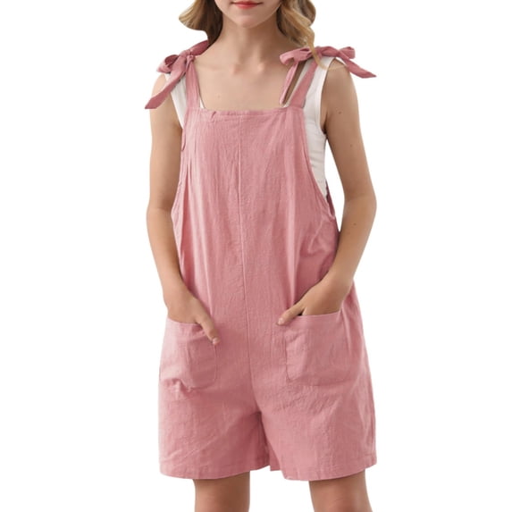Mercatoo Girls Overalls Cotton Linen Shortalls Adjustable Tie-Up Strap Jumpsuits Wide Leg Rompers Loose Jumpsuits Cute Overalls