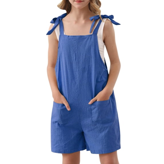Mercatoo Girls Overalls Cotton Linen Shortalls Adjustable Tie-Up Strap Jumpsuits Wide Leg Rompers Loose Jumpsuits Cute Overalls