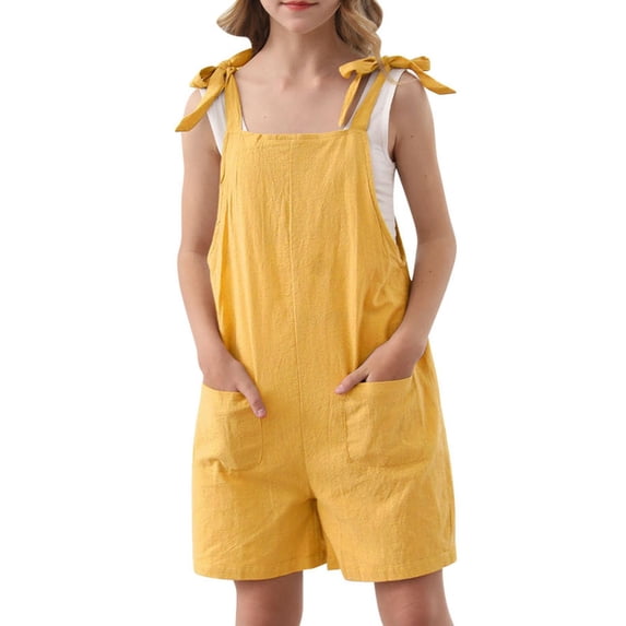 Mercatoo Girls Overalls Cotton Linen Shortalls Adjustable Tie-Up Strap Jumpsuits Wide Leg Rompers Loose Jumpsuits Cute Overalls