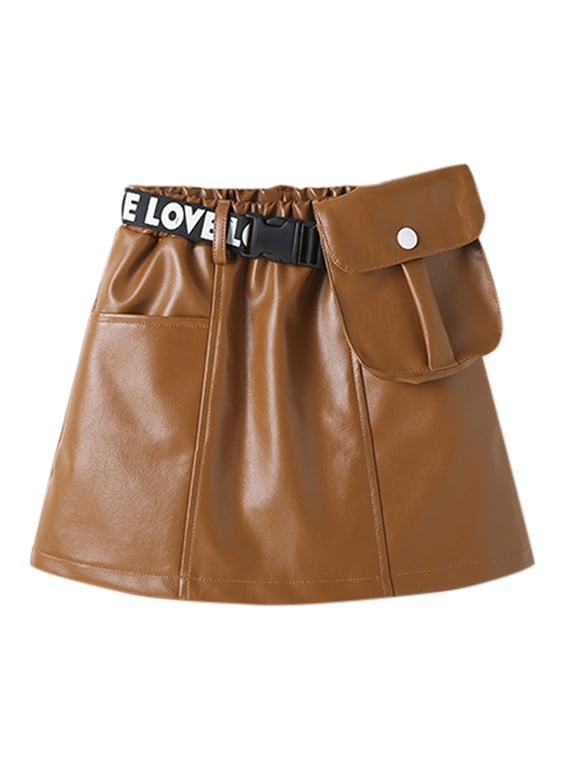 Girls PU Leather Black Skirt with Cute Min𝐢 Belt Bag Fashion Handsome Solid Color A-Line Skirts with Pockets