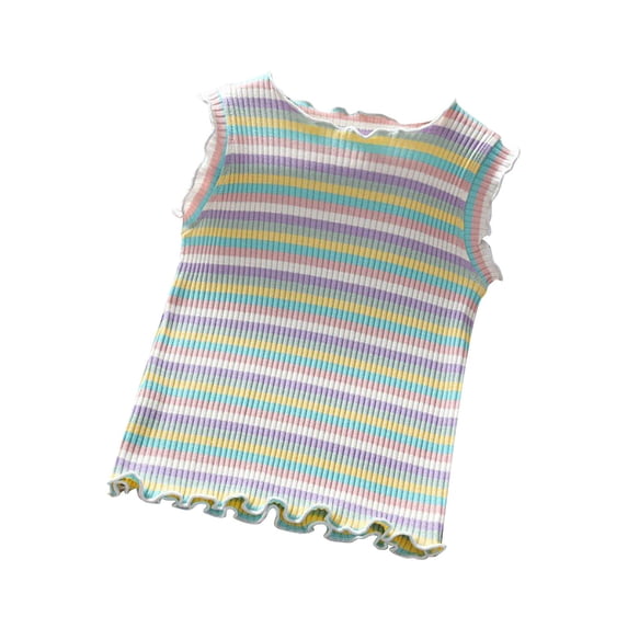 Mercatoo Girls' Ribbed Tank Tops Rainbow Striped Sleeveless Cotton Tees Casual Summer Outfits Cute Ruffle Hight Neck Cam𝐢 Shirt