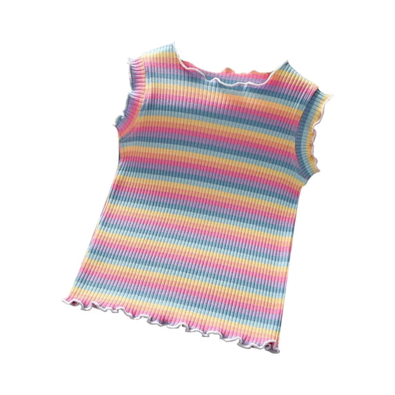 Mercatoo Girls' Ribbed Tank Tops Rainbow Striped Sleeveless Cotton Tees Casual Summer Outfits Cute Ruffle Hight Neck Cam𝐢 Shirt