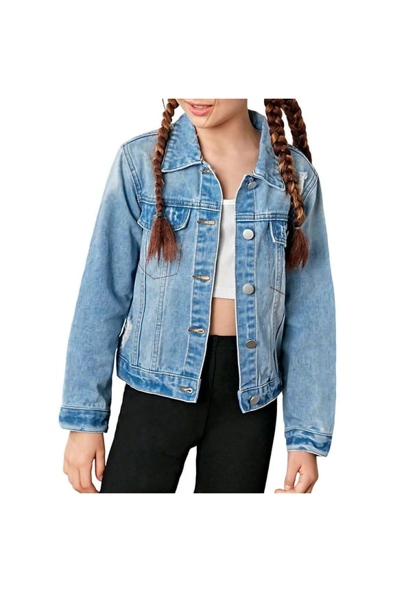 Girls Ripped Jean Jacket Front Pocket Button Long Sleeve Collared Jean Coat Retro Classic Casual School Clothes