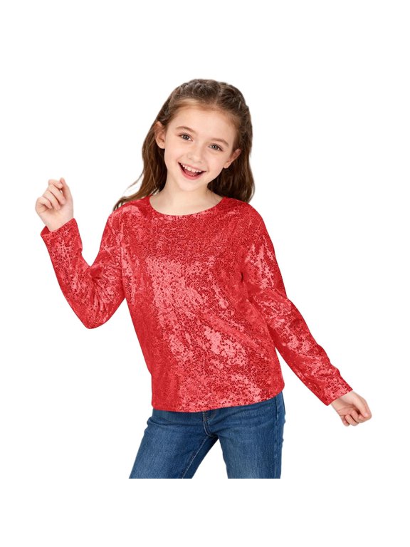Girls Sequin Top, Sparkly Long Sleeve Crew Neck Shirt, Festive Holiday Party Wear for Christmas and Special Occasions