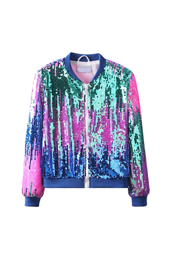 Girls Sequins Zip up Jackets Ribbed Cuffs Cute 𝐒parkle Coats Kids Fall Casual 𝐔niform Glitter Soft Jackets with Pockets