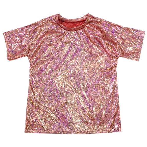 Mercatoo Girls Shiny Metallic Shirts Jazz Hip Ho1 Dance Part1 Tops T-Shirts Kids Crewneck Spring Casual Loose Basic Tees Blouses