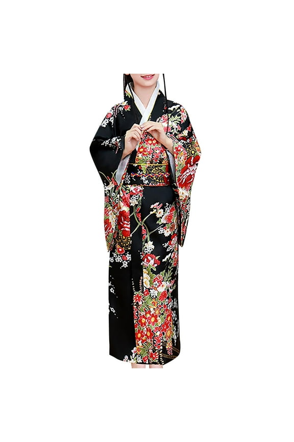 Girls Silky Satin Kimono Robe Japanese Traditional Dress Spa Robe Long Kimono Sleeve Straight Floral Dress