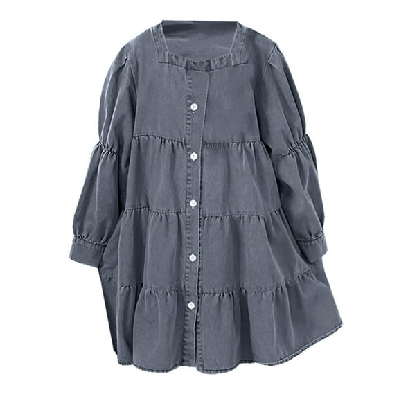 Mercatoo Girls Square Collar Denim Dress Button Down Long Sleeve Loose 𝐅lowy Knee Length Swing Dress for 4 to 14 Years Girl Dresses