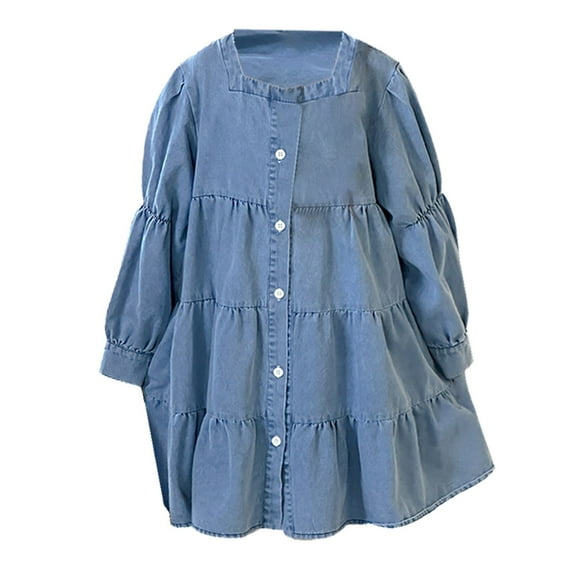 Mercatoo Girls Square Collar Denim Dress Button Down Long Sleeve Loose 𝐅lowy Knee Length Swing Dress for 4 to 14 Years Girl Dresses