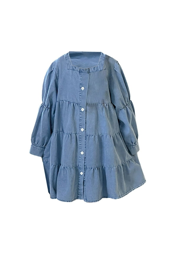 Girls Square Collar Denim Dress Button Down Long Sleeve Loose 𝐅lowy Knee Length Swing Dress for 4 to 14 Years Girl Dresses
