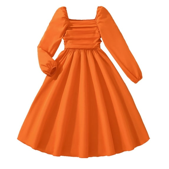 Mercatoo Girls Square Neck Smocked Dress Long Puff Sleeve Solid Flowy A-Line Boho 𝐌ini Dresses for Kids Casual Holiday