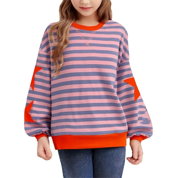 Mercatoo Girls Striped Sweatshirts Oversized Star Graphic Crew Neck Pullover Sweatshirts Clothes Teen Kids Cute Tops Sweater