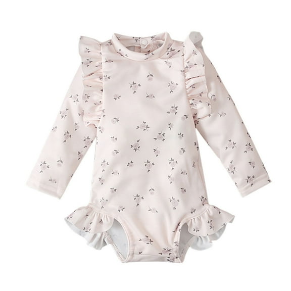 Mercatoo Girls Swimsuit Kids Floral Button Long Sleeved Jumpsuit Swimsuit Cute Girls Ruffle Beach Rashguard Swimsuits