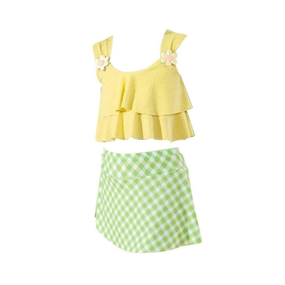 Mercatoo Girls Swimsuits 2Pcs Ruffles Bathing Suits Summer Plaid Printing Skirt Toddler Beach Surf Tankini Swimwear Set
