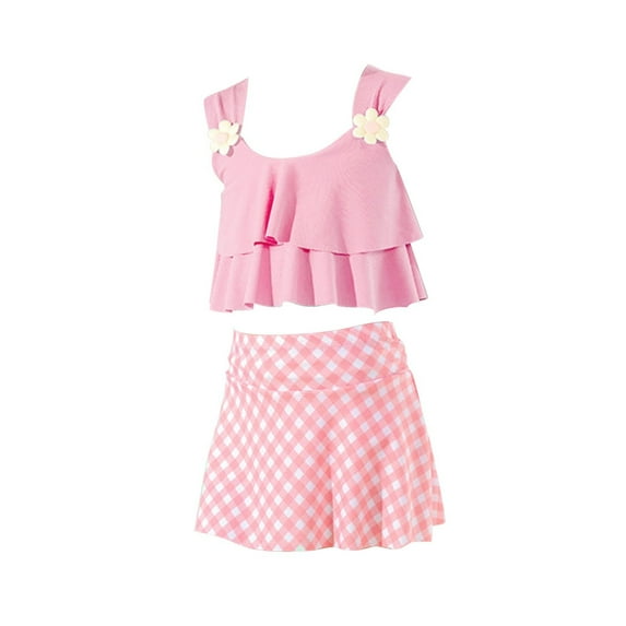 Mercatoo Girls Swimsuits 2Pcs Ruffles Bathing Suits Summer Plaid Printing Skirt Toddler Beach Surf Tankini Swimwear Set