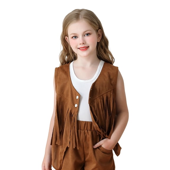Mercatoo Girls Tassel Vest Hippi1 Sleeveless Faux Suede R1v11s Kids Western Style Retro Performance Cowboy Co1girl Clothes