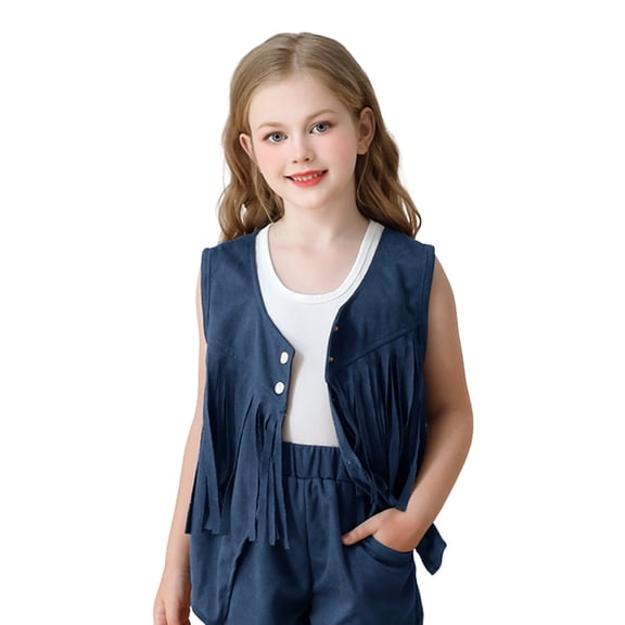 Mercatoo Girls Tassel Vest Hippi1 Sleeveless Faux Suede R1v11s Kids Western Style Retro Performance Cowboy Co1girl Clothes