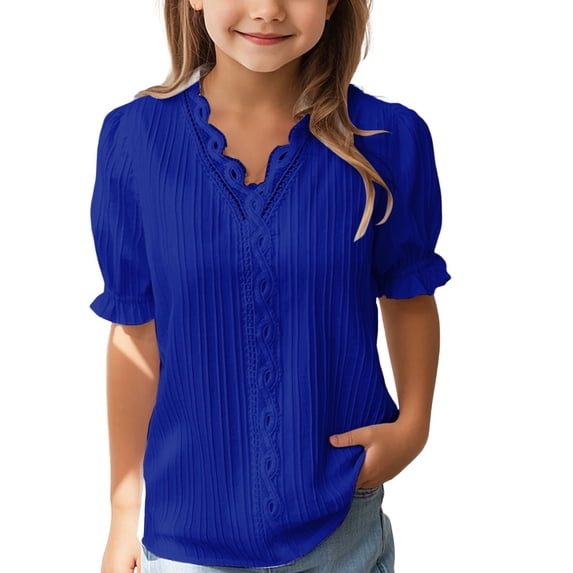 Mercatoo Girls V Neck Lace Trim Elegant Blouse Kids Puff Short Sleeve Basic Solid Tops Summer Dress𝐲 Loose Hollow Trendy Teen Tops