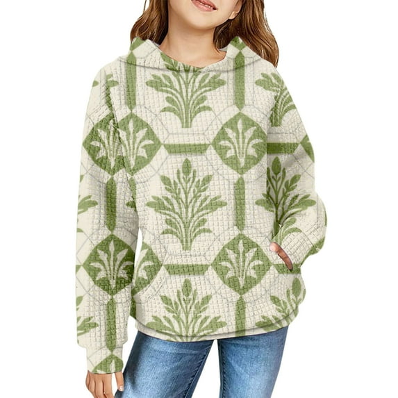 Mercatoo Girls Waffl Texture Hoodi Long Sleeve Geometric Print, Casual Comfy School Pullover Sweatshirt for Daily Wear