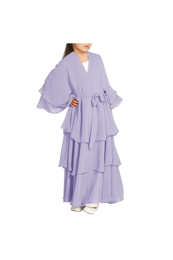 Girls 𝐌uslim Dress Open Front Cardigan Robe Three-layered Chiffon Kaftan 𝗜slamic Abaya 𝐊imono 𝐃ubai Maxi Dress