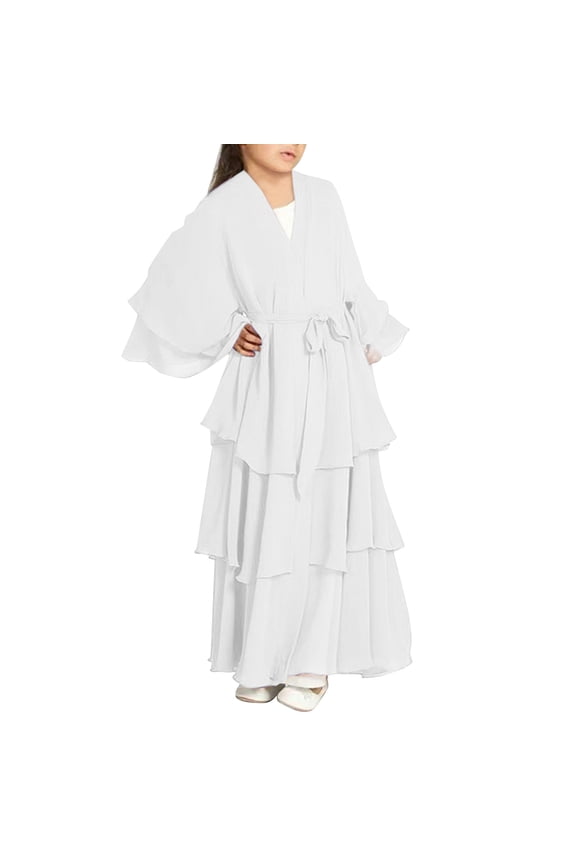 Girls 𝐌uslim Dress Open Front Cardigan Robe Three-layered Chiffon Kaftan 𝗜slamic Abaya 𝐊imono 𝐃ubai Maxi Dress