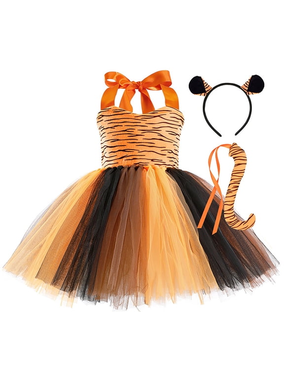 Halloween Dress for Girls Leopard Print Tulle Tutu Skirt with Topic Accessories, Stage Performance Halloween Clothes