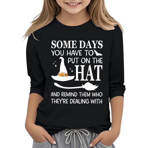 Mercatoo Halloween Shirts for Girls Teens Cute Witch Hat Graphic Tee 3/4 Sleeve Crewneck Tshirt Kids Fall P𝐚rty Tops Halloween Clothes
