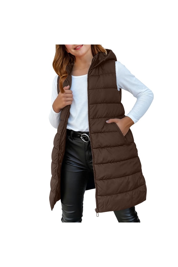 Hooded Long Puffer Vest for Girls Solid Quilted Padded Warm Sleeveless Down Coat with Pockets Teen Winter Jacket
