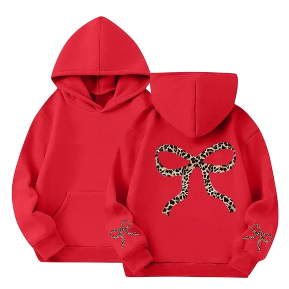 Mercatoo Hoodies for Girls Bow Graphic Oversized Leopard Hooded Sweatshirt Long Sleeve Cute Trendy Casual Pullover Tops