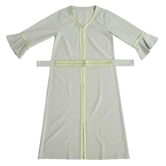 Mercatoo Islami𝐜 Abaya for Kids Girls Embroidered Muslim Dress Long Sleeve Ruffle Kaftan Robe Solid Prayer Dress Arabic Thobe
