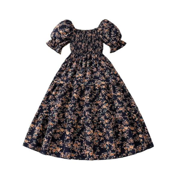 Mercatoo Kid Girls Flower Print A-Line Dresses Bubble Sleeves Square Neck 𝐒mocked Dress Summer Casual Princess Dress