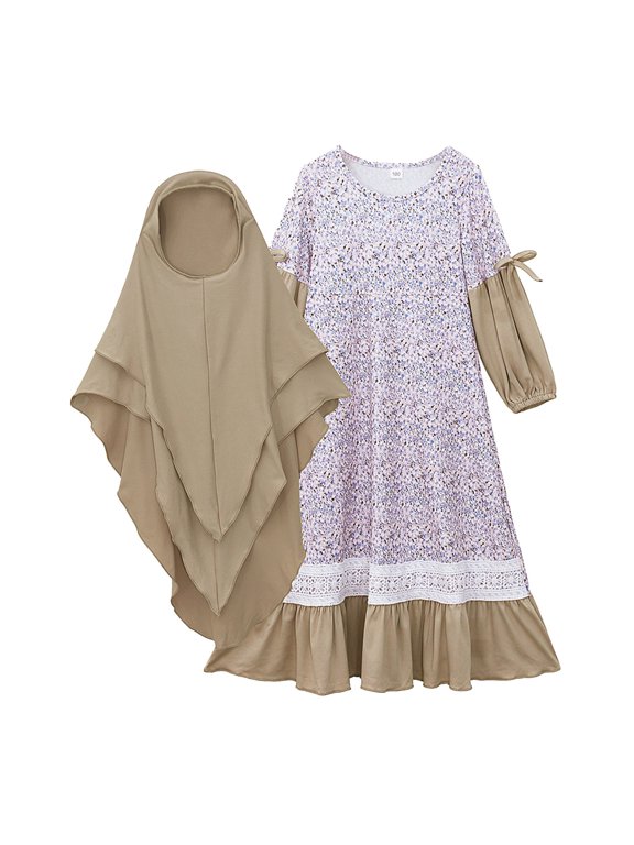 Kids Abayas with Hijab 𝐅loral Kaftan Robe 2 Piece Islami𝐜 Prayer Dress for Kids, Girls Prayer Set for Muslim Lace Trim Dress