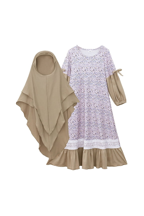 Kids Abayas with Hijab š
loral Kaftan Robe 2 Piece Islamiš Prayer Dress for Kids, Girls Prayer Set for Muslim Lace Trim Dress