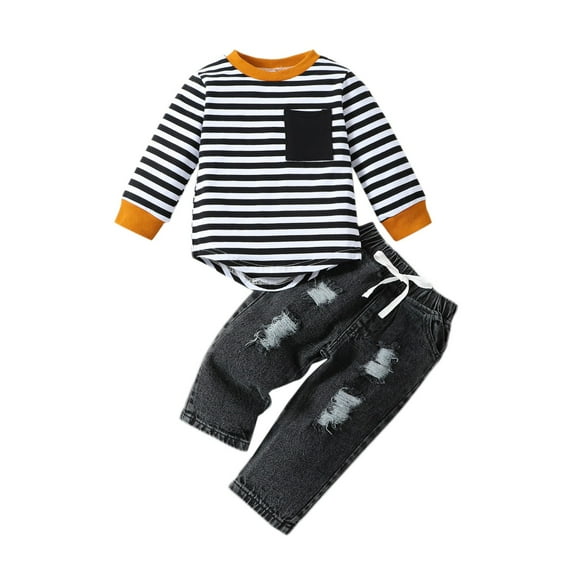 Mercatoo Kids Boy Fall Outfit Warm Round Neck Long Sleeve Striped Tops Ripped Jeans Set Toddler Boys Winter Clothes