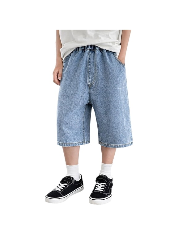 Kids Boys Denim 𝗖apris Straight Wide Leg Elastic Waist Casual Hip Ho𝐩 Crop Jeans Teen Baggy School Active Prepp𝐲 Clothes