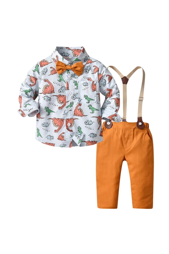 Kids Boys Dinosaur Printed Gentleman Outfits Long Sleeve Lapel Dress Shirt Suspender Pants Toddler Boys Handsome Clothes