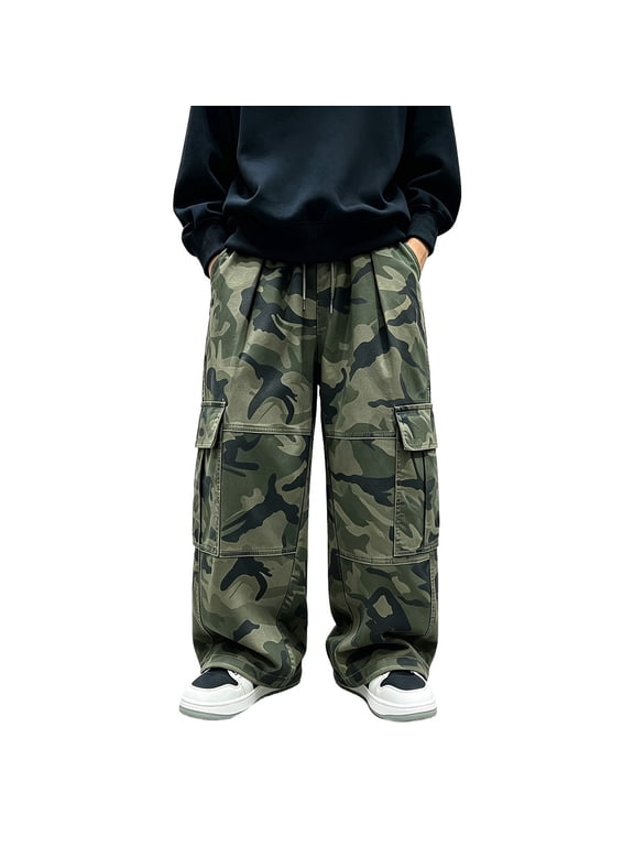 Kids Boys Girls Camo Cargo Pants Baggy Wide Leg Trousers with Flap Pockets Drawstring Waist Trendy Y2K Streetwear for Boys Girls