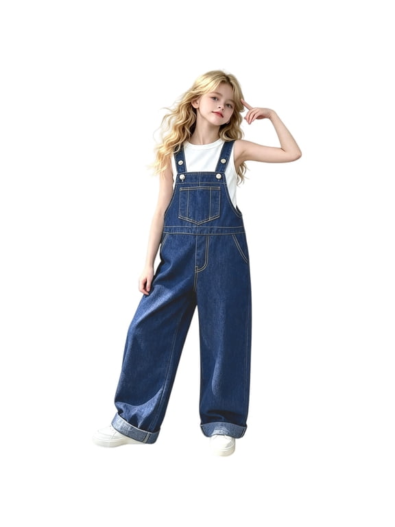 Kids Boys Girls Denim Overalls Adjustable Straps Button Closure Jeans Dungarees with Bib Pocket Casual Playwear Bottoms
