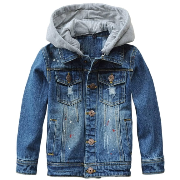 Mercatoo Kids Boys Girls Ripped Hooded Denim Jacket Button Down 𝗬2K 𝗩intage Trendy Jean Coat Fall Winter Warm Outwear