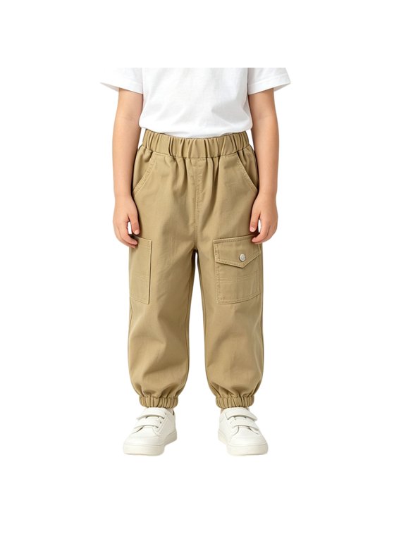 Kids Cargo Pants Elastic Waist Joggers with Flap Pockets and Snap Button Boys Girls Pull-On Trousers School Streetwear Bottoms