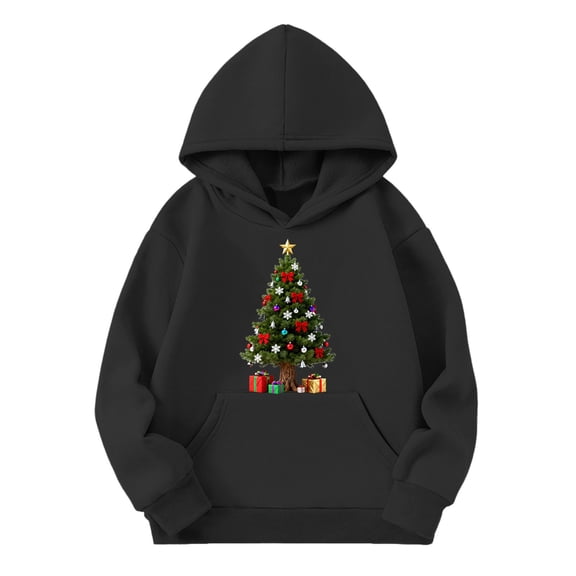 Mercatoo Kids Christmas Hoodie Girls Winter Xmas Tree Graphic Long Sleeve Pullover Sweater Holiday Party Casual Cozy Clothes