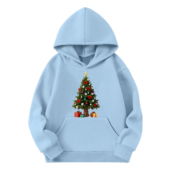 Mercatoo Kids Christmas Hoodie Girls Winter Xmas Tree Graphic Long Sleeve Pullover Sweater Holiday Party Casual Cozy Clothes