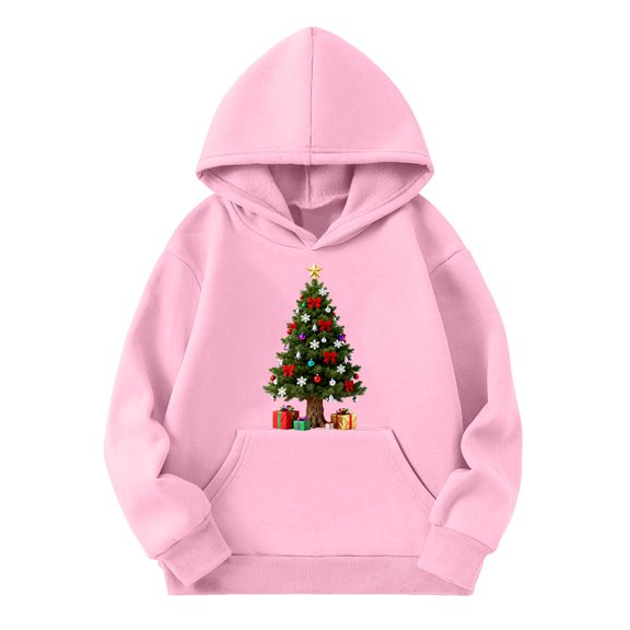 Mercatoo Kids Christmas Hoodie Girls Winter Xmas Tree Graphic Long Sleeve Pullover Sweater Holiday Party Casual Cozy Clothes