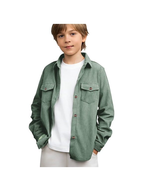 Kids Classic Corduroy Shirt Boys Girls Plain Button Up Shacket 𝐏reppy School 𝐔niform Shirt Jacket Fall Thermal Outerwear