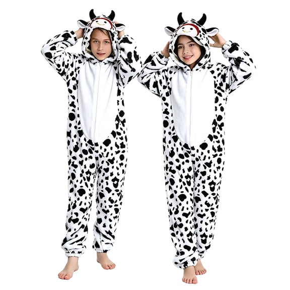 Mercatoo Kids Cow Onesie Bodysuit, Soft Fleece One Piece Hooded Animal Costume Jumpsuit with Horns, Zip Up Romper for Boys Girls, Halloween Jumpsuit Home Party Costume