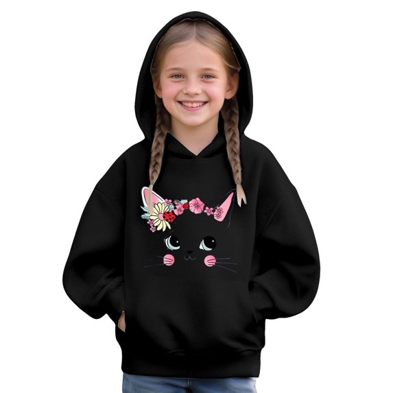Mercatoo Kids Cute Cat Print Hoodies Trendy P??eppy ??2k Solid Hooded Sweatshirts Long Sleeve Casual Clothes with Pokets