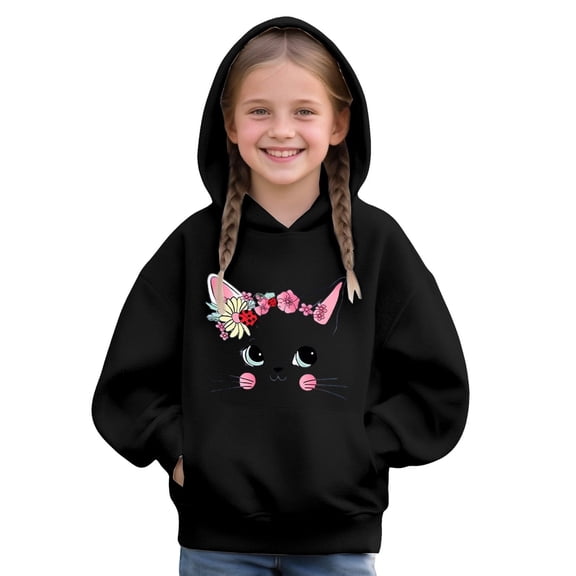 Mercatoo Kids Cute Cat Print Hoodies Trendy P??eppy ??2k Solid Hooded Sweatshirts Long Sleeve Casual Clothes with Pokets